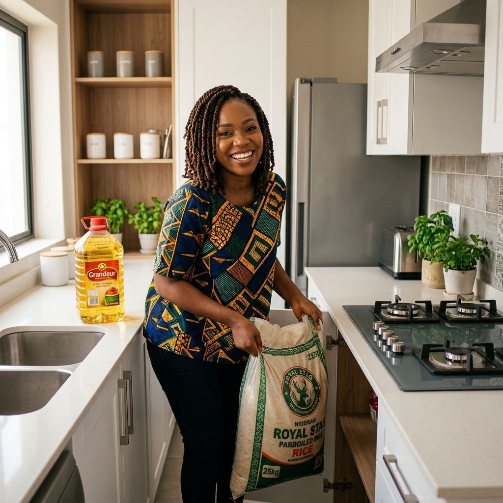 Happy FlexoraPay Customer Unpacking Groceries
