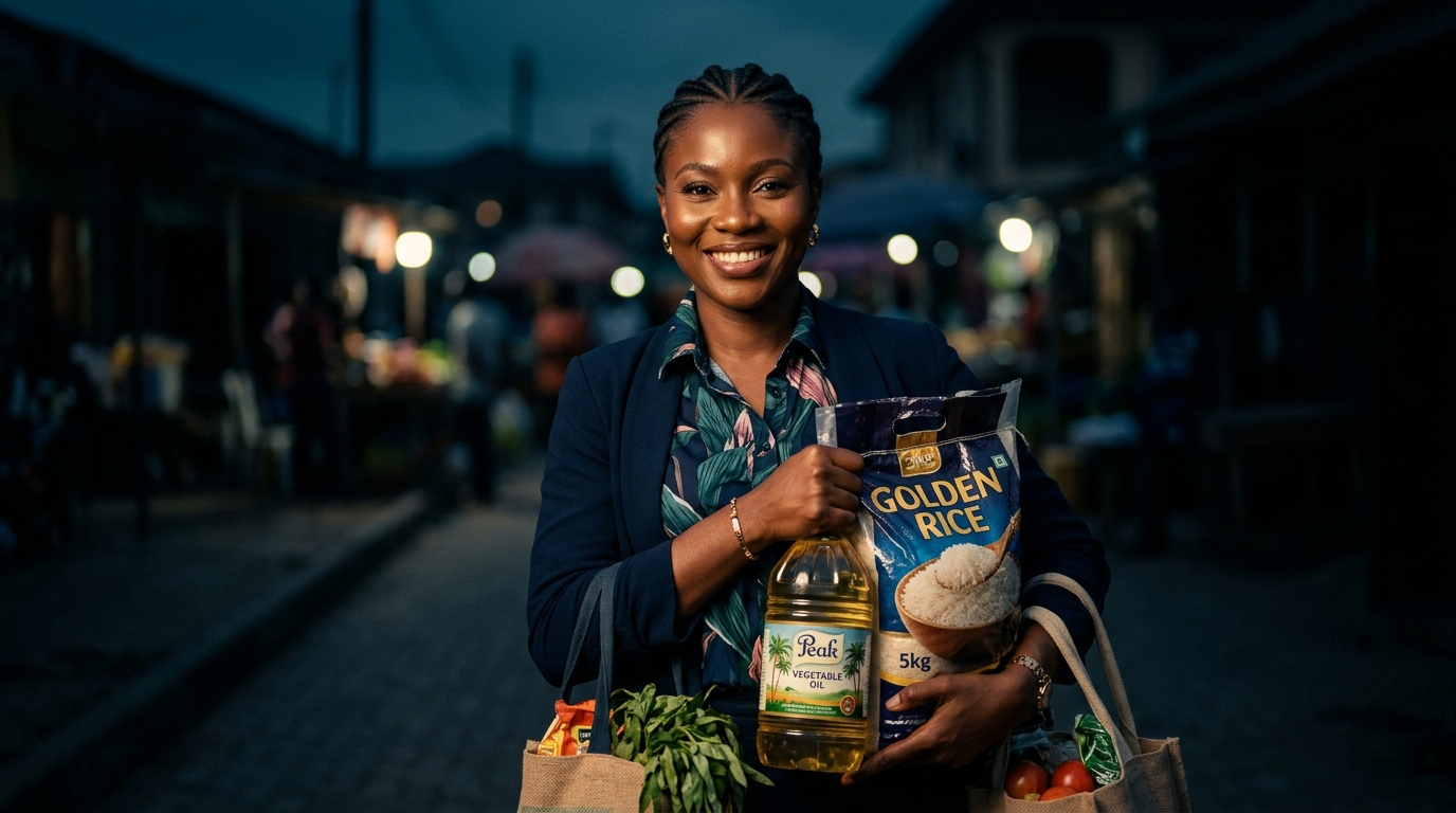 Smiling FlexoraPay customer with groceries